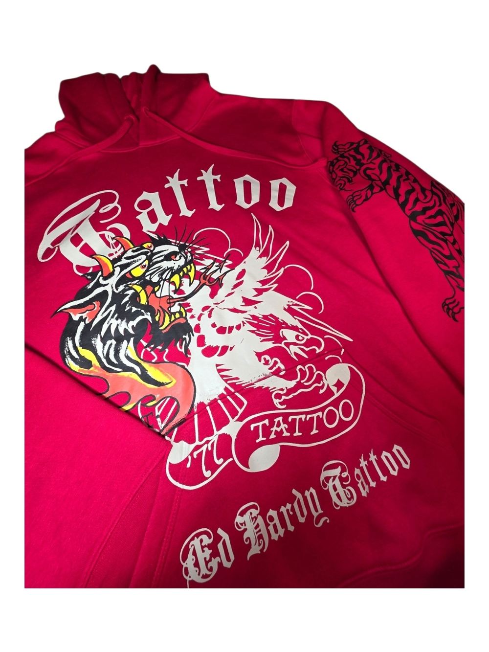 Ed Hardy Red NYC Skull Tiger Tattoo Graphic Pullover Hoodie XL EUC